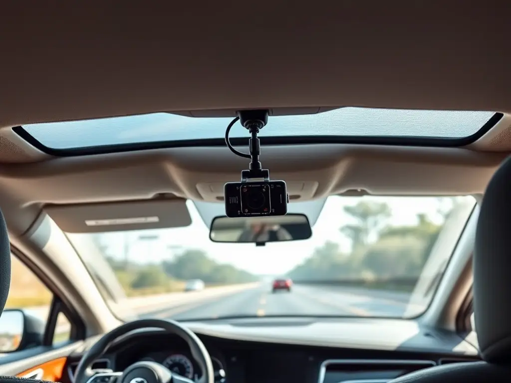 A professionally installed dashcam with hidden wiring in a modern car interior, capturing the road ahead with a clear, wide-angle view, symbolizing security and comprehensive protection.